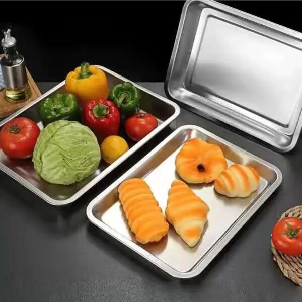 PAD NAMPAN BAKE PERSEGI / NAMPAN STAINLESS STEEL / BAKI / BAKING TRAY / BAKI PRASMANAN STAINLESS / NAMPAN PENIRIS MINYAK / NAMPAN BAKI SAJI TATAKAN / NAMPAN PERSEGI ISI 4 SET - Gambar 5